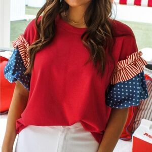 Chic Red Blouse with Blue Star Sleeves